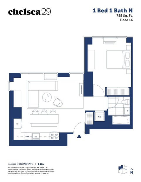 A floor plan for a 1 Bed 1 Bath apartment on the 16th floor.